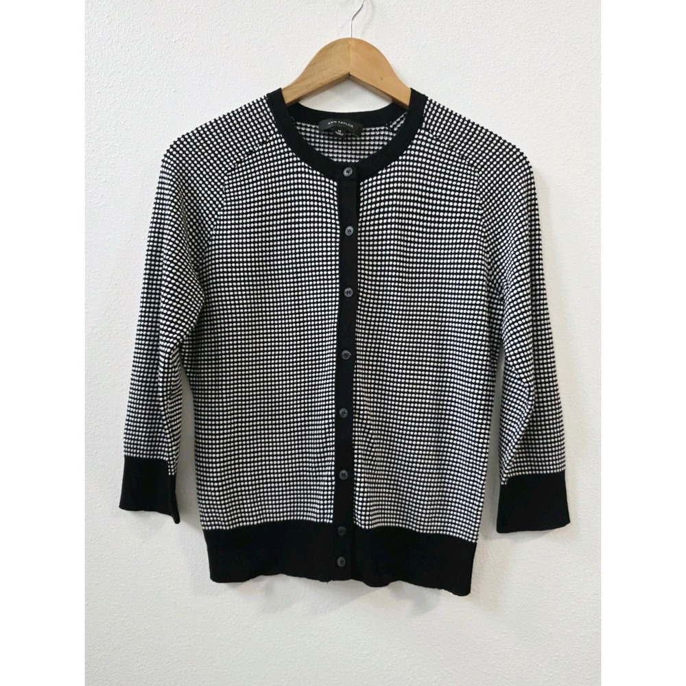 Ann Taylor Button Front 3/4 Sleeve Cardigan Women's Size Medium Polka Dot